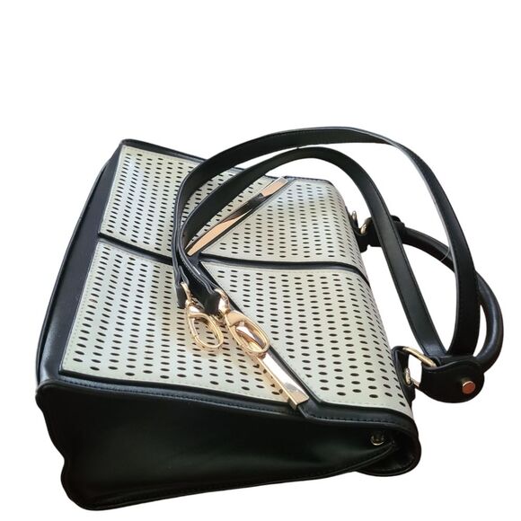 Galian Women's Perforated White Leather Black Crossbody/Handbag Gold Tone Trim - Picture 8 of 8